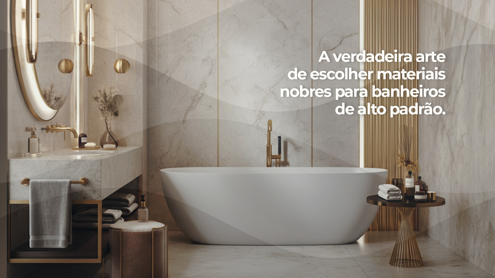 A escolha dos materiais é essencial para banheiros de luxo. Mármore, metais dourados e pedras naturais garantem sofisticação e harmonia visual. Banheiras freestanding ou embutidas criam um equilíbrio entre modernidade e tradição. Detalhes como toalhas de luxo e acessórios refinados completam a atmosfera elegante e confortável.